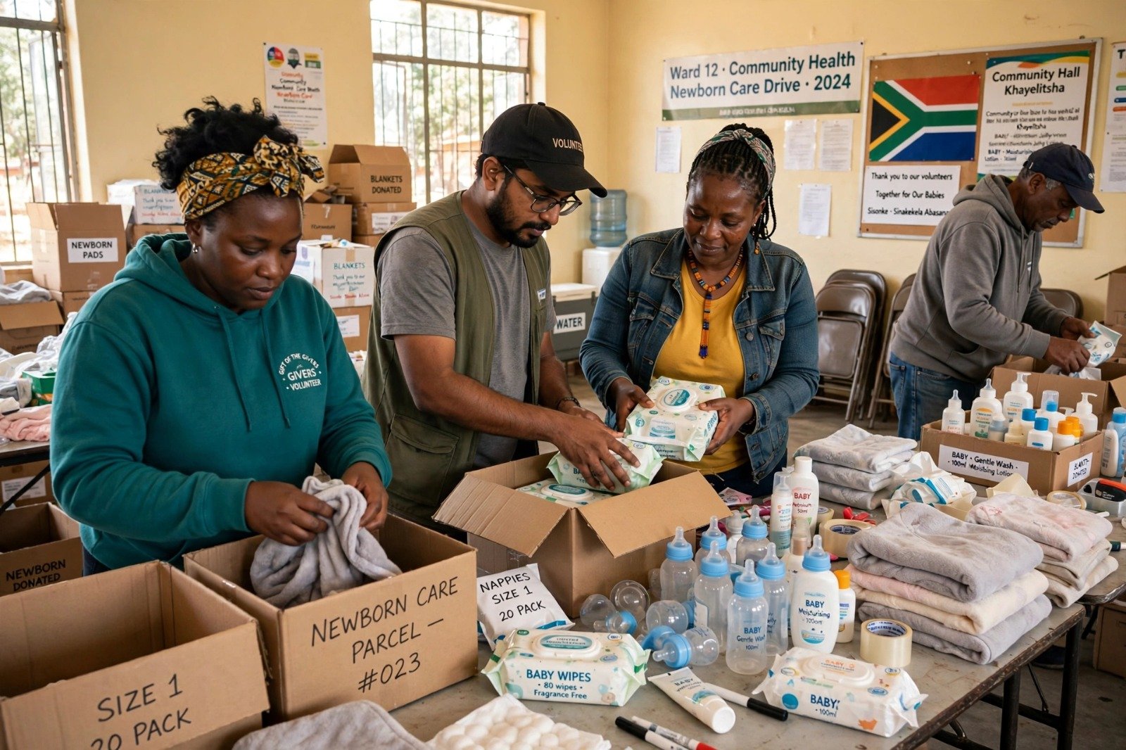 Volunteers preparing care parcels for families